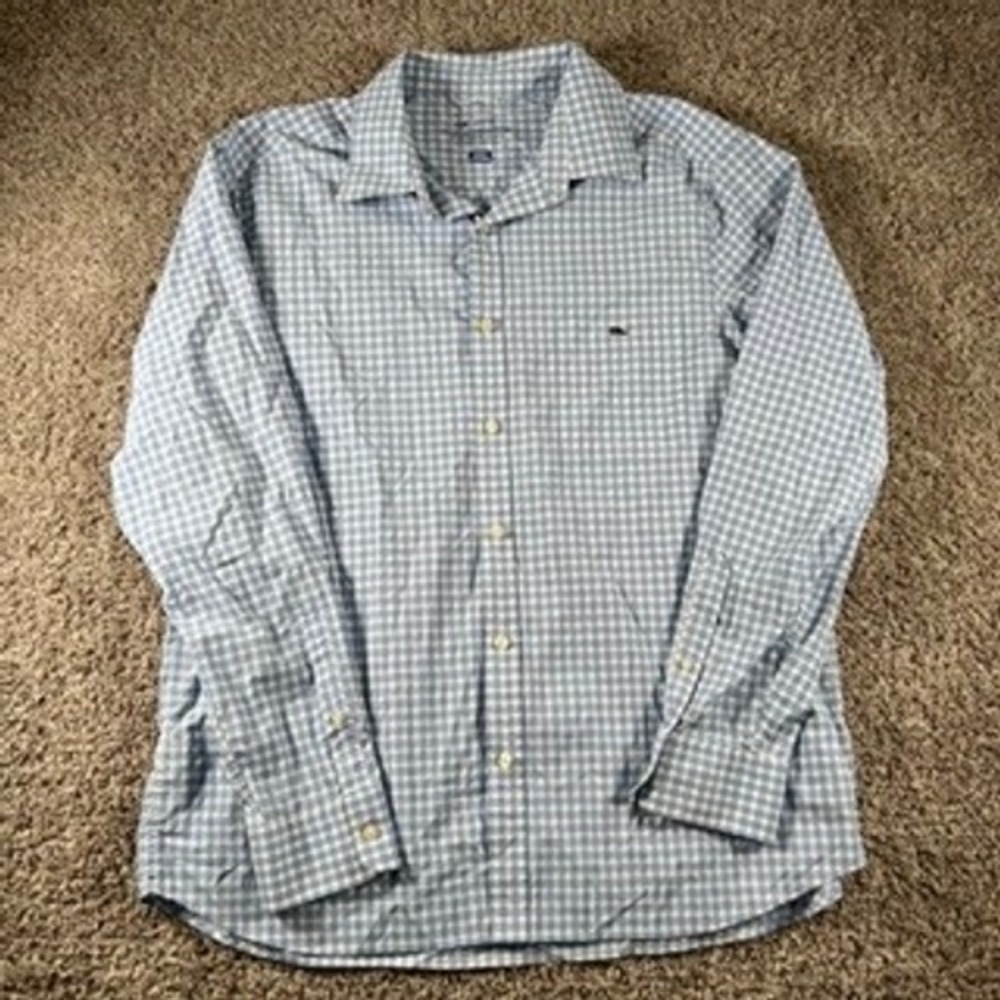 Vineyard Vines OTG Performance Button Down Shirt Men Large Blue Plaid Whale Logo